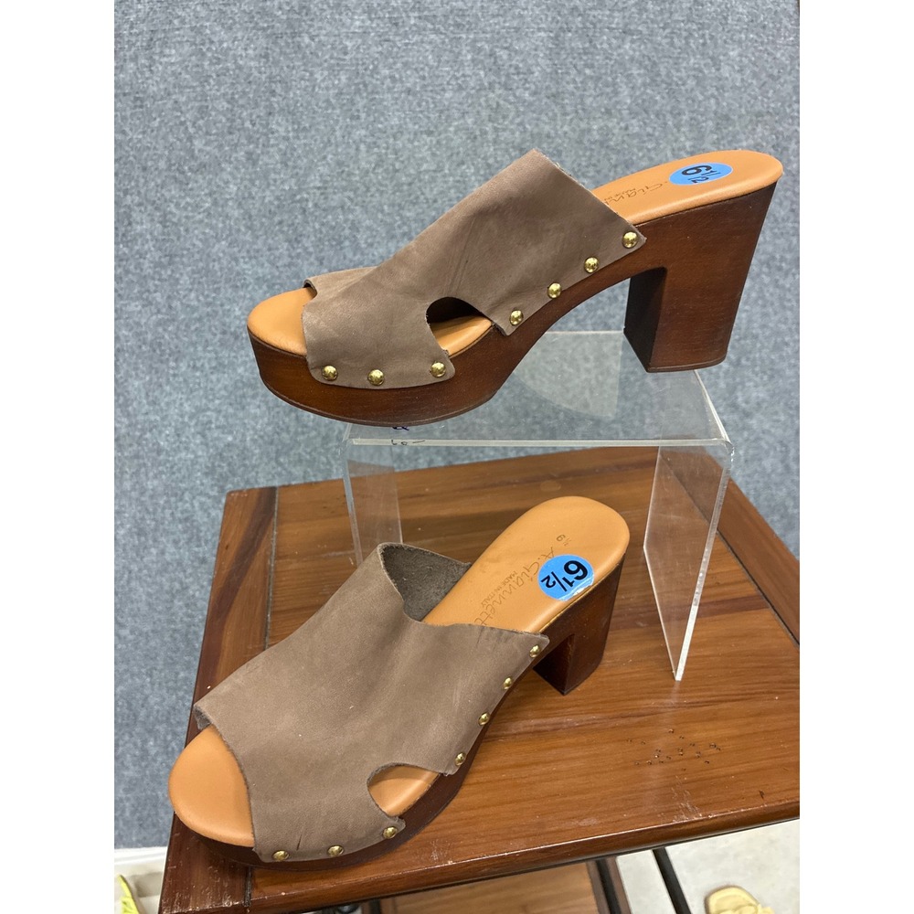 Giannetti Italy Brown Suede Studded Wood Platform Block Heel Slide Sandals 6.5